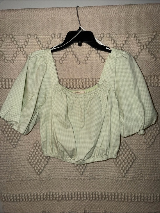 Copper Key Tops - Copper Key Gingham Pale Mint Puff Sleeve Cropped Blouse